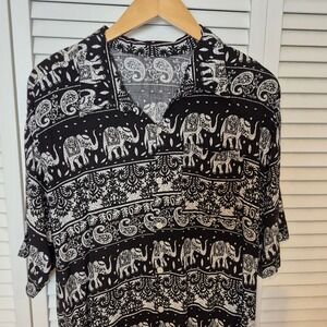 Elephant Print Shirt Button Up Short Sleeve Black White Festival‎ Boho Unisex